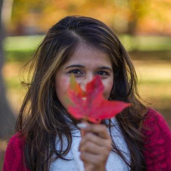 A UNH student holding a red leaf from a maple tree, with golden hues of foliage in the background